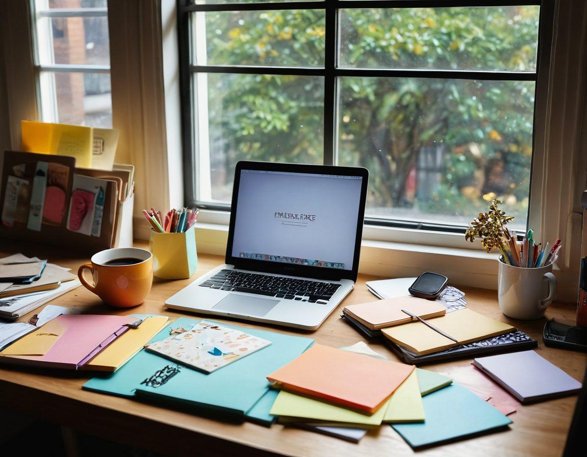 A creative workspace overflowing with colorful notebooks, a laptop displaying a blog post, and a cup of coffee, symbolizing inspiration and engagement. Nearby, a vision board filled with post-it notes and ideas, emphasizes brainstorming for captivating content. Bright natural light streaming through a window, creating a warm and inviting atmosphere. super-realistic. vibrant colors. cozy aesthetic.