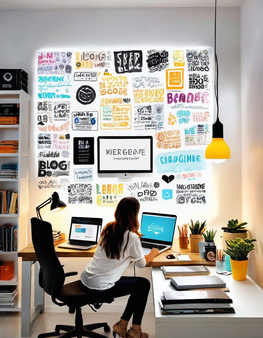 A creative workspace with a person sitting at a desk surrounded by colorful notes, social media icons, and a laptop displaying a vibrant online blog. Include elements like a glowing light bulb, books on branding, and inspirational quotes on the wall. A lively atmosphere with warm lighting and a blend of tech and artistic tools. super-realistic. vibrant colors. white background.