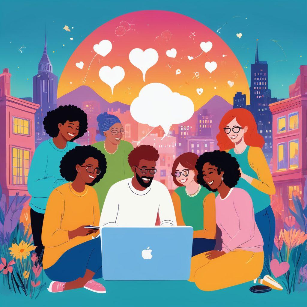A whimsical illustration of a diverse group of bloggers gathered around a glowing laptop, sharing ideas and laughing together. The backdrop features a colorful, stylized cityscape representing the Cowlis Community, with thought bubbles containing symbols of engagement like hearts, comments, and shares. Soft, inviting colors to evoke a sense of collaboration and creativity. cartoon style. vibrant colors.
